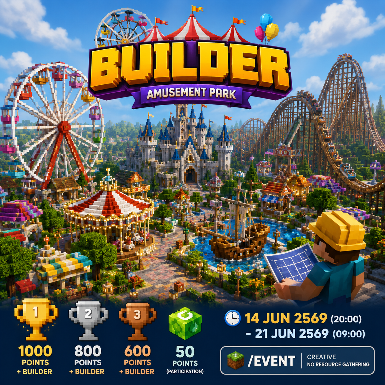 กิจกรรม Builder ในหัวข้อ สวนสนุก ขนาดพื้นที่กิจกรรมสร้างในพื้นที่ขนาด 75x75